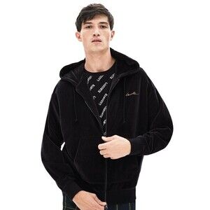 Lacoste Live Signature Black Velvet Full Zip Hoodie Sweatshirt Jacket Size XL